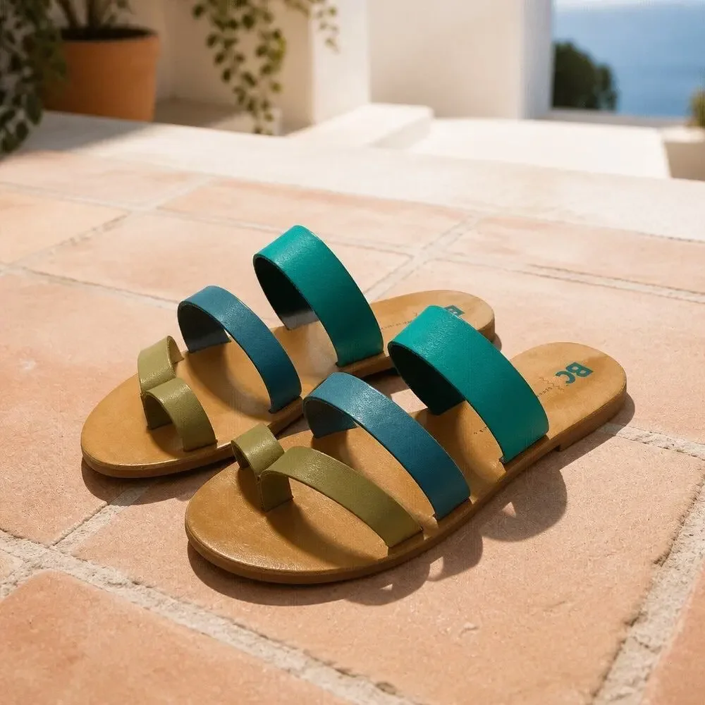 BC Leather Strappy Colorful Slides Sandals Womens 9 Beachy Boho Chic Minimalist